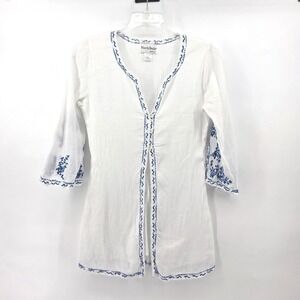 NorthStyle Womens White Cotton Gauze‎ Embroidered Tunic Top Blue Floral Small
